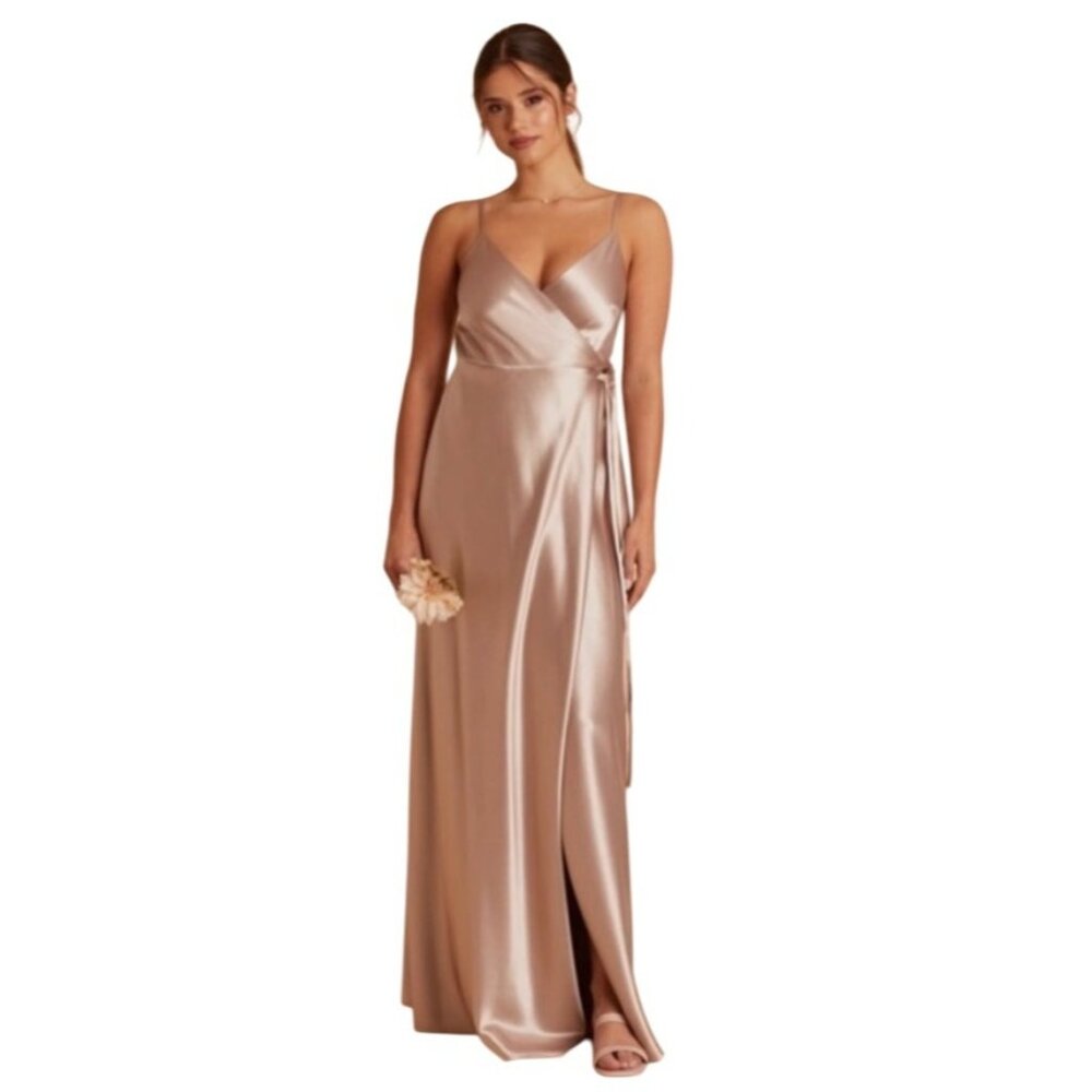 Birdy Grey Cindy Satin Bridesmaid Dress Size S NWT Taupe Wrap Tie‎ Wedding Guest